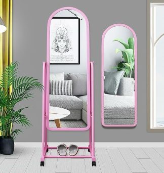 A34 Pink Dressing Mirror with wheels and Storage rack