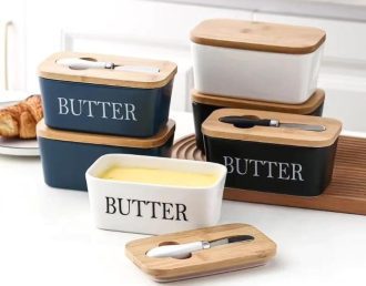 Butter spread kit Ceramic container, Airtight bamboo cover + Spread knife.